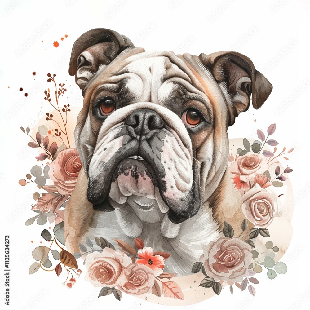 Obraz premium Artistic illustration of a bulldog's face framed by a decorative arrangement of flowers, blending elegance with a rustic charm.