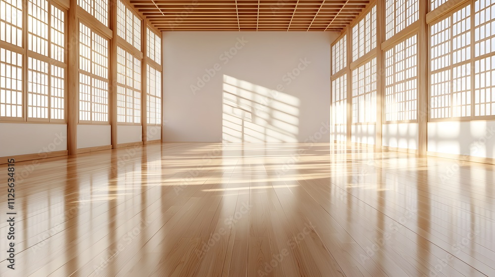 Modern karate dojo with polished wooden floors, large open space, minimalist design, and floor-to-ceiling wooden panels along the walls Modern karate dojo with polished wooden floors, large open space, minimalist design, and floor-to-ceiling wooden panels along the walls