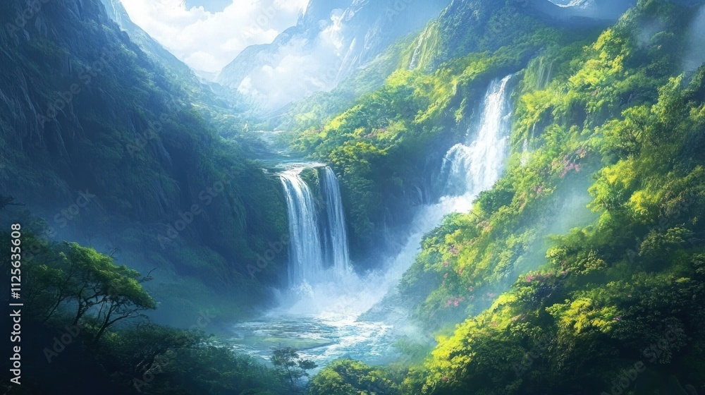 Serene Waterfall in Lush Tropical Valley Serene Waterfall in Lush Tropical Valley