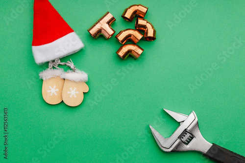 Copper hydraulic fittings and a key with a Santa Claus hat on a green background