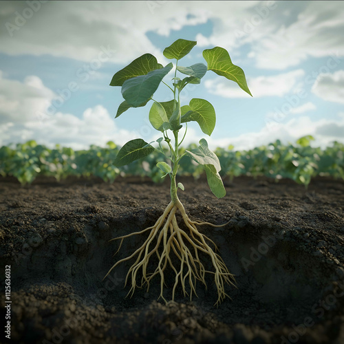 Very healthy large and wide welldefined root of a soybean plant Sky on the horizon photo realistic realistic textures cinema style photo