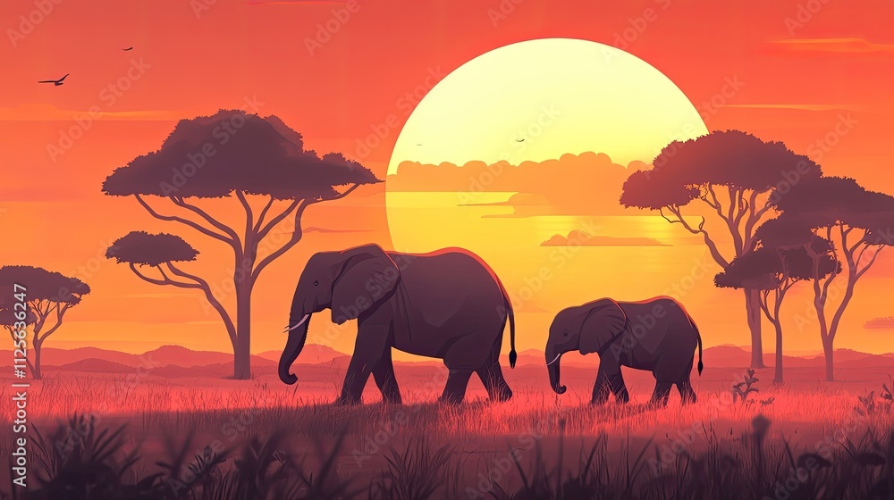 Fototapeta premium Two elephants walking at sunset in African savanna.