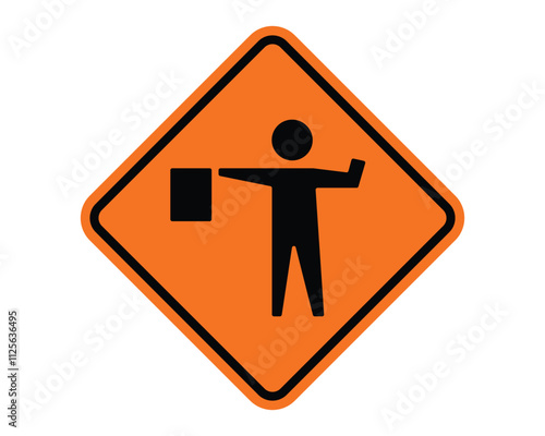 Flagger (Flagman) Ahead Construction Sign Featuring Orange Background and Black Border with Symbol of a Person Holding a Flag, Available as a Vector File