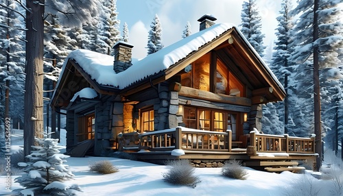 Cozy winter cabin retreat surrounded by snowy pine forest captured in high-resolution photography invoking tranquil holiday vibes