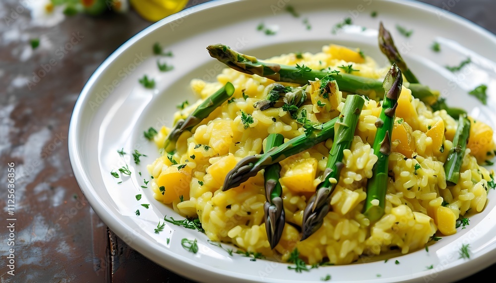 Cooking asparagus risotto italian kitchen food photography cozy atmosphere close-up view culinary art for food lovers and home chefs Cooking asparagus risotto italian kitchen food photography cozy atmosphere close-up view culinary art for food lovers and home chefs