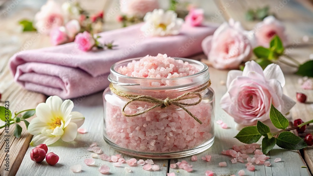 Indulge in luxurious pink bath salts housed in an elegant jar, designed to elevate your spa experience and soothe your senses for ultimate relaxation. Indulge in luxurious pink bath salts housed in an elegant jar, designed to elevate your spa experience and soothe your senses for ultimate relaxation.