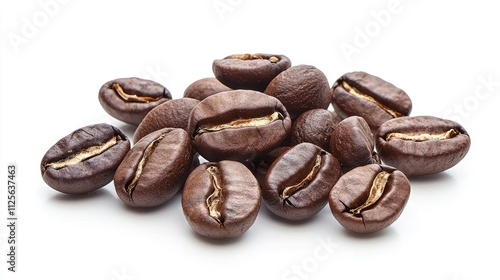 Close-Up of Roasted Coffee Beans on White Background for Cafes and Coffee Enthusiasts