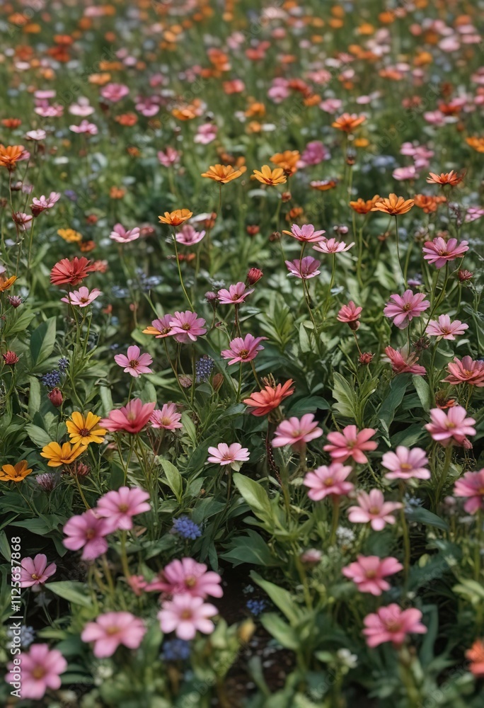 A field of virtual wildflowers with stems and leaves transforming into branching geometric shapes , blooming flowers, nature, digital garden A field of virtual wildflowers with stems and leaves transforming into branching geometric shapes , blooming flowers, nature, digital garden