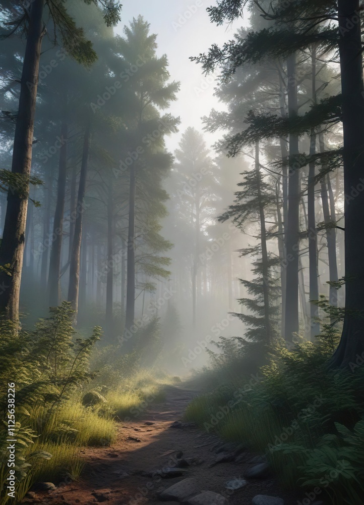 Obraz premium Dense forest with towering trees and misty atmosphere at dusk, tree canopy,