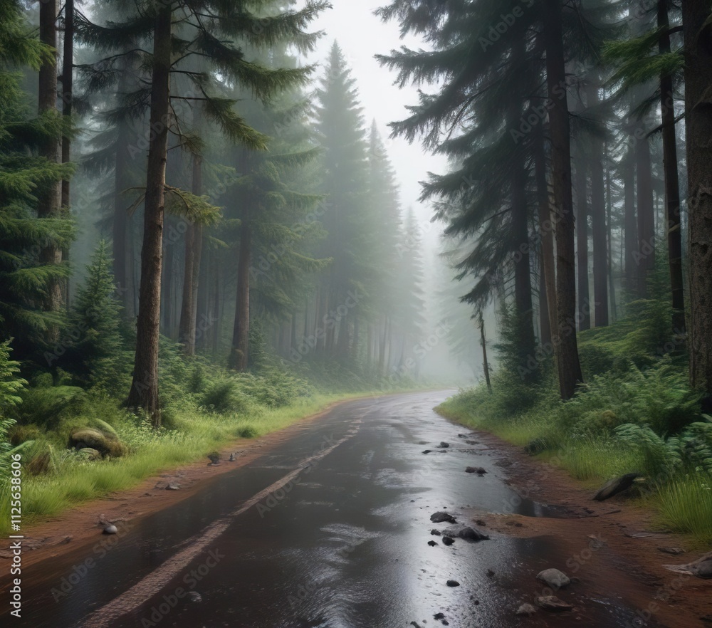 Obraz premium Rainy day in a dense coniferous forest with a small road and lush greenery, lush greenery, coniferous forest