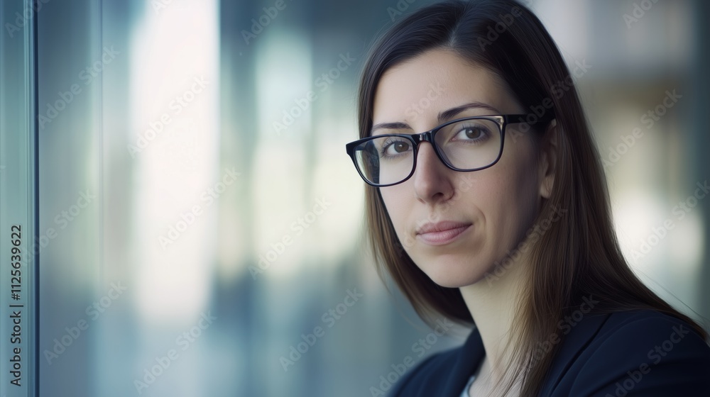 Woman wearing glasses is standing in front of a window Woman wearing glasses is standing in front of a window