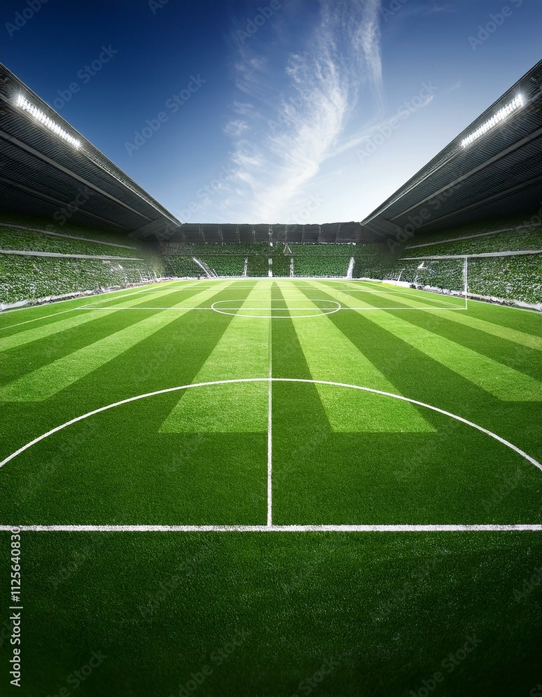 Empty soccer stadium under a bright sky.