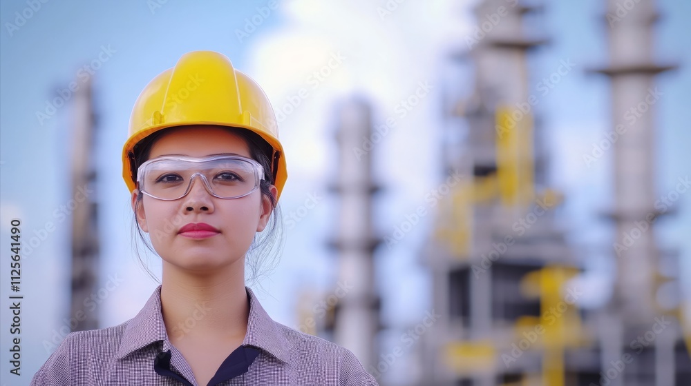 Woman wearing a yellow helmet and safety glasses Woman wearing a yellow helmet and safety glasses