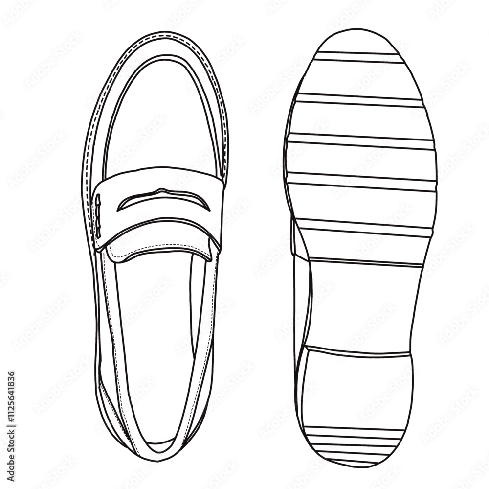 Women's Slip On Loafers Flat Casual Shoes Line art, Technical sketch hand drawing outline vector doodle top and bottom view isolated on white background for coloring page Women's Slip On Loafers Flat Casual Shoes Line art, Technical sketch hand drawing outline vector doodle top and bottom view isolated on white background for coloring page