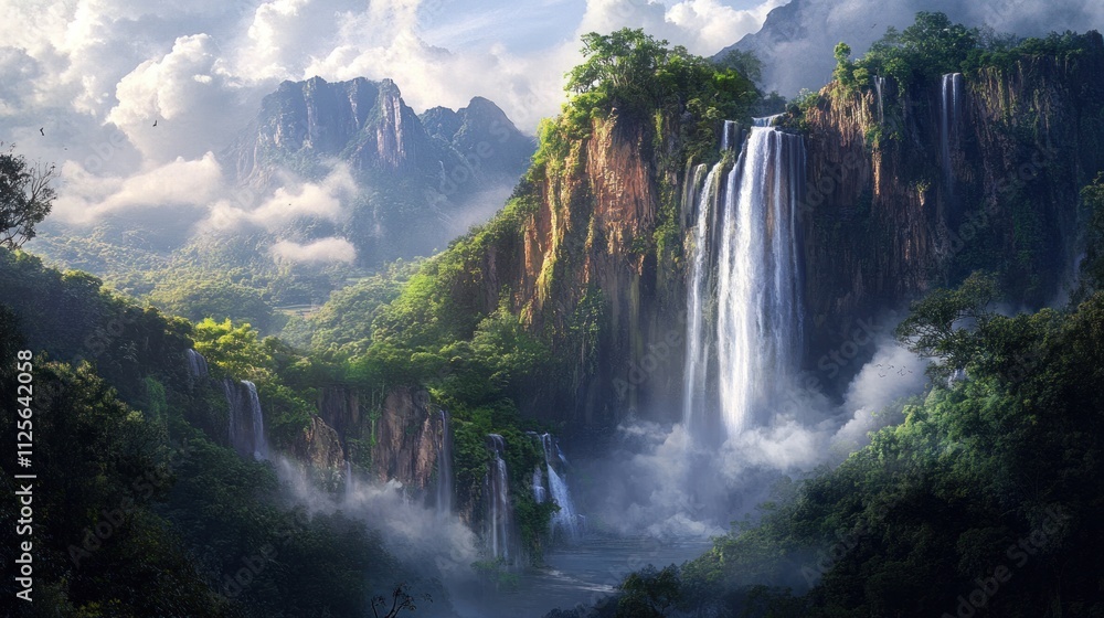 Fototapeta premium Majestic Waterfall Paradise: A Breathtaking Digital Painting of Lush Tropical Landscape