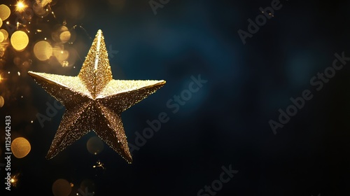 Golden christmas star on bokeh black background. Xmas card with gold star shining discretely on a dark wall setting. Seasonal greetings, invitation, festivity. Luxury. photo