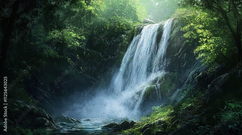 Enchanted Waterfall in Lush Green Forest Enchanted Waterfall in Lush Green Forest