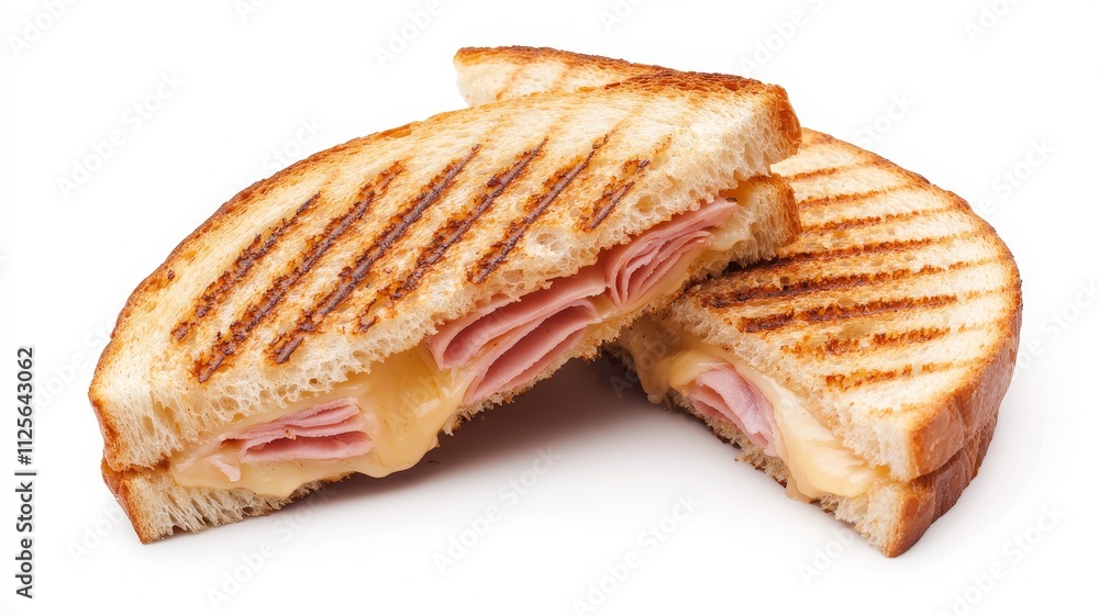 Golden-brown toasted sandwich cut in half, layers of melted cheese and savory ham, isolated on a white background, crisp and clean detail Golden-brown toasted sandwich cut in half, layers of melted cheese and savory ham, isolated on a white background, crisp and clean detail