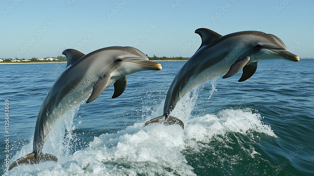 Fototapeta premium Two dolphins leap out of the water, creating splashes and showing off their agility.