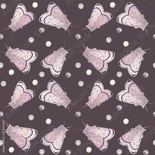 Pink moths and pearls watercolor seamless pattern on dusty purple. Hand painted illustration perfect for wrapping paper, scarfs, cosmetic bag, textile, scrapbooking. Victorian vibe clip art photo