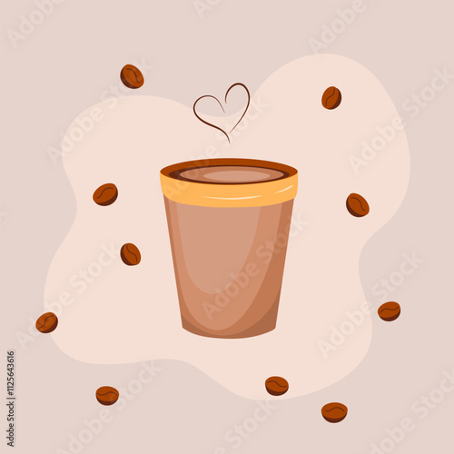 Light brown paper coffee cup on a beige background with heart-shaped steam and falling coffee beans, evoking warmth, coziness, and the aroma of delicious beverage.
