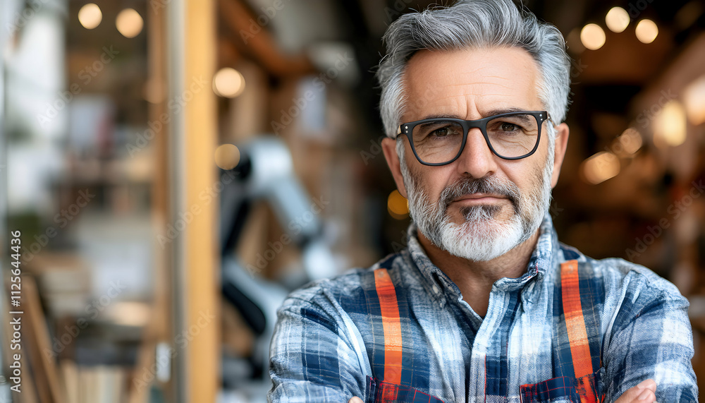 Confident mature craftsman with grey hair and glasses, arms crossed, standing in his workshop. Confident mature craftsman with grey hair and glasses, arms crossed, standing in his workshop.
