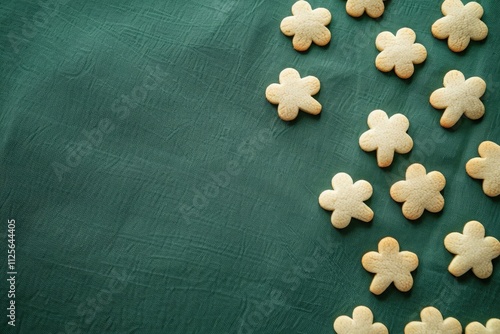 Plain shamrock cookies scattered on a textured green tablecloth. photo