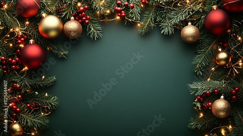Top view of Christmas frame background with lights and branch