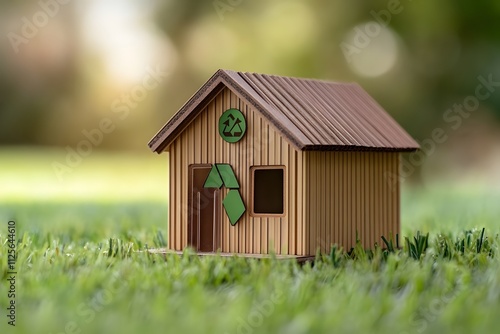 A miniature eco-friendly house model emphasizing sustainability and recycling.