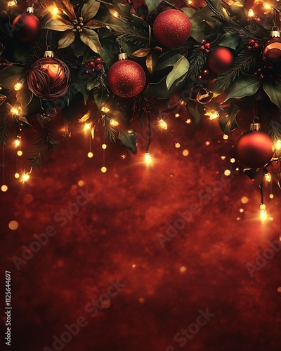 Top view of Christmas frame background with lights and branch