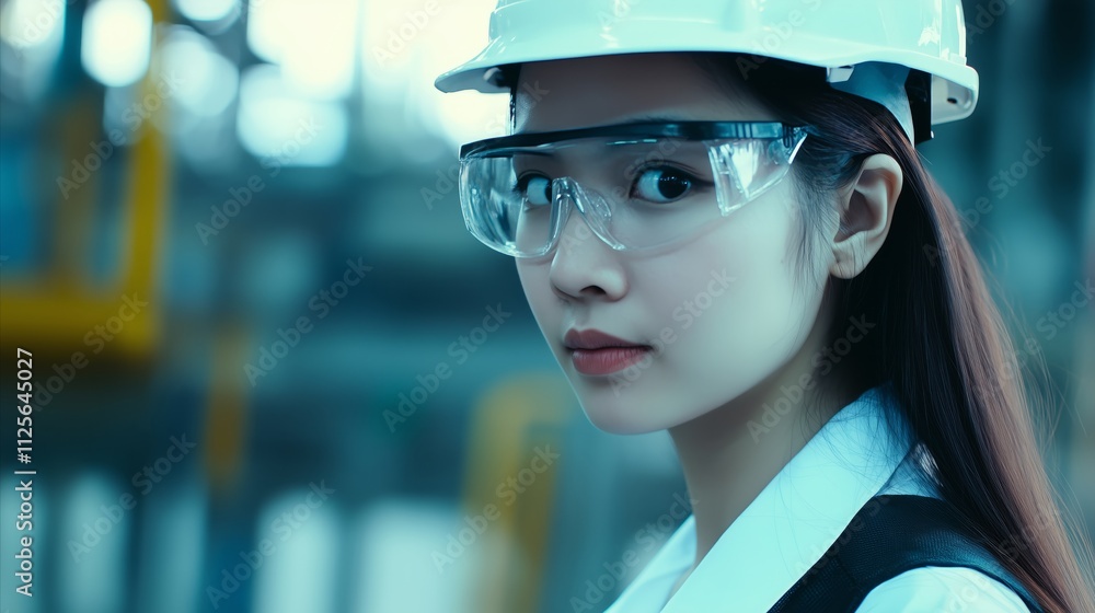 Woman wearing a hard hat and safety glasses Woman wearing a hard hat and safety glasses