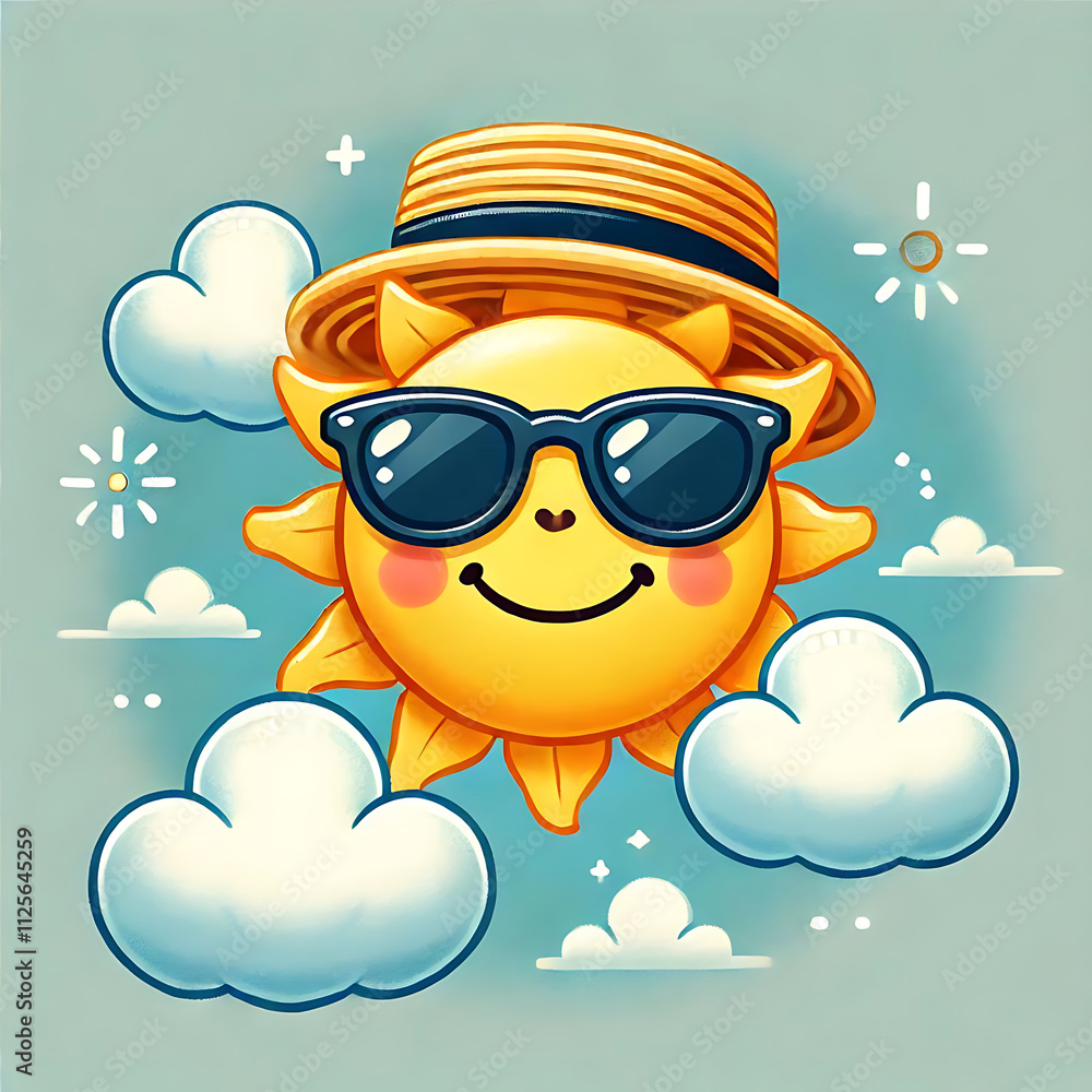 Fototapeta premium 3D Sun Emoji Icon Isolated on White. Render Weather Sun Symbol. Sunlight Emoticon Yellow Cute Sunshine in Sunglasses. Weather, Climate Forecast. Concept of Summer Vacations. Face Vector Illustration