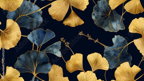 Luxury art background with blue and gold ginkgo leaves. Botanical poster with watercolor leaves in art line style for decor, design, wallpaper, packaging
 photo