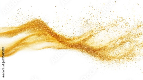 Golden sand explosion isolated on white background. Abstract sand cloud. Gold sand splash against on clear background. Sandy fly wave in the air. photo