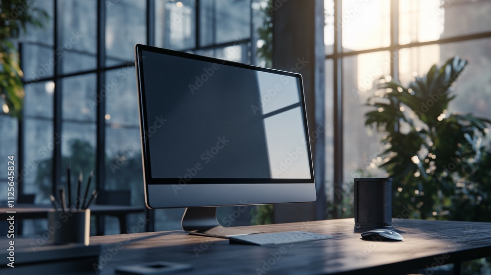 Modern Workspace Featuring Sleek Desktop Computer and Plants Modern Workspace Featuring Sleek Desktop Computer and Plants