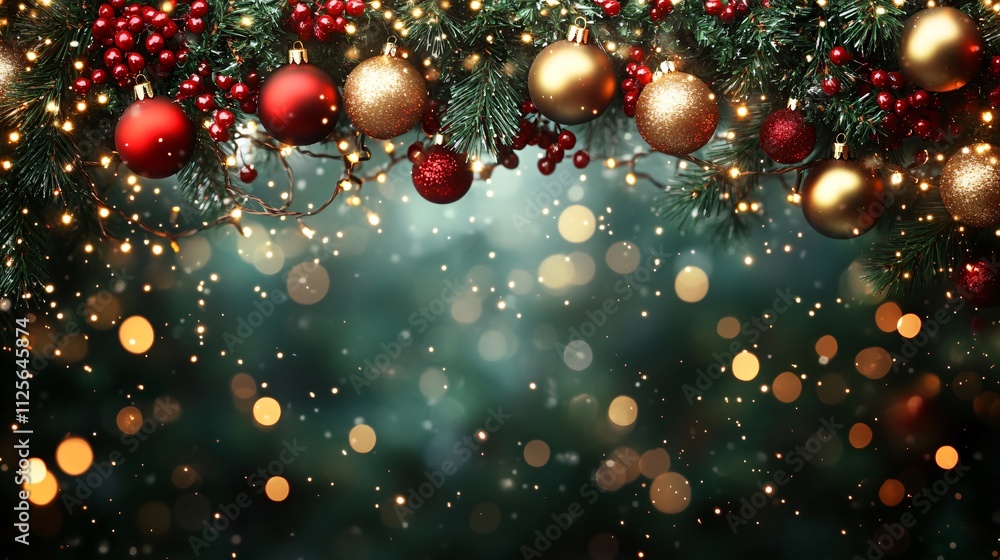 Top view of Christmas branches and lights background with copy space Top view of Christmas branches and lights background with copy space