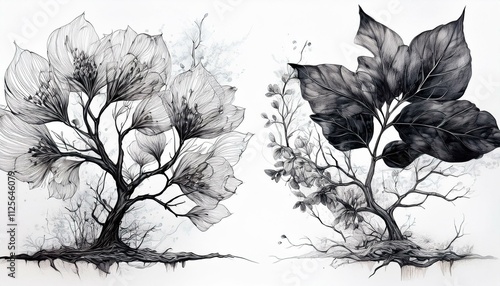 collection of black small leaf and flower on branch of old tree,isolated on white background ,clipart,space left and right,image in center of area photo