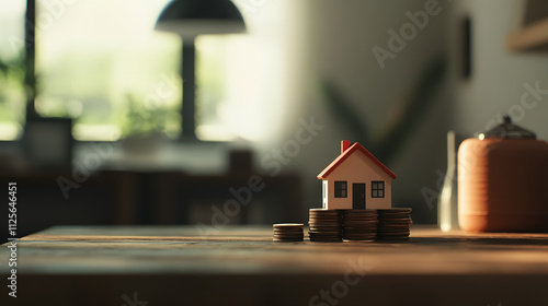 A miniature house on coins symbolizes real estate investment and financial growth.