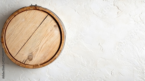 Wooden barrel lid against textured white wall background photo