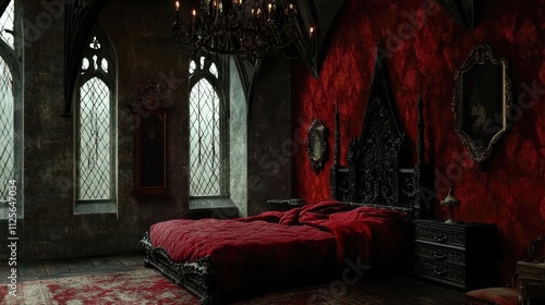 Gothic black and red victorian antique bedroom. Elegant, rich draculaÃ¢â‚¬â„¢s castle interrior photo