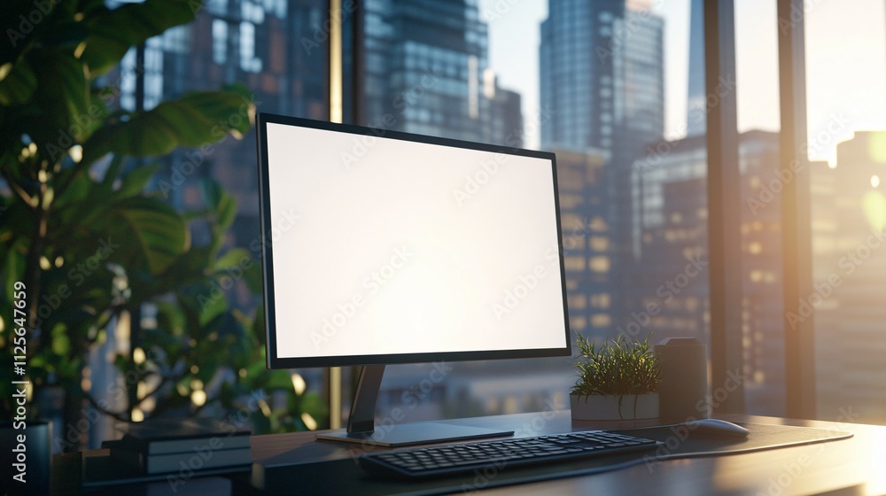 Modern Computer Setup Against City Skyline Background Modern Computer Setup Against City Skyline Background