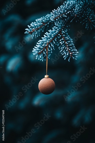 Christmas ornament hanging from a pine tree branch  
