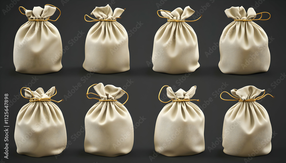 Eight beige burlap sacks tied with twine, arranged in a grid against a dark background. Perfect for rustic, vintage, or packaging design concepts. Eight beige burlap sacks tied with twine, arranged in a grid against a dark background. Perfect for rustic, vintage, or packaging design concepts.