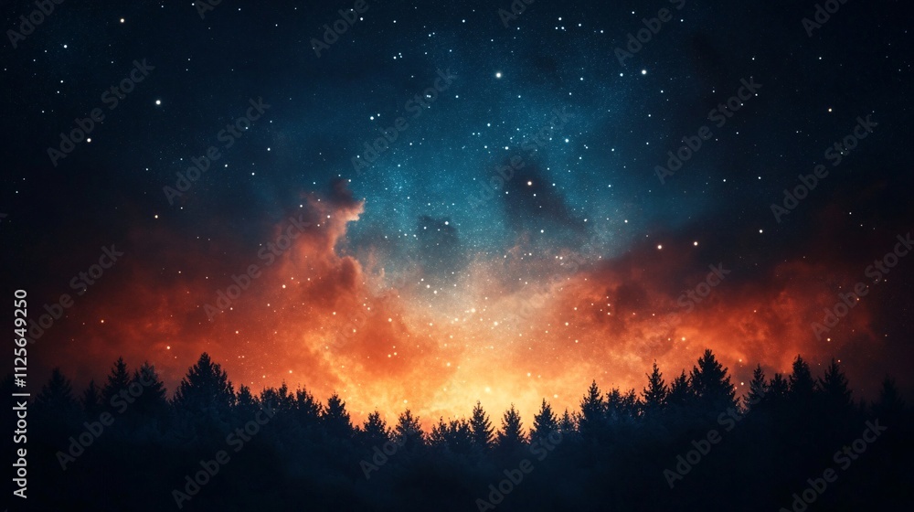 Fototapeta premium Vibrant night sky with glowing nebula above forest silhouette