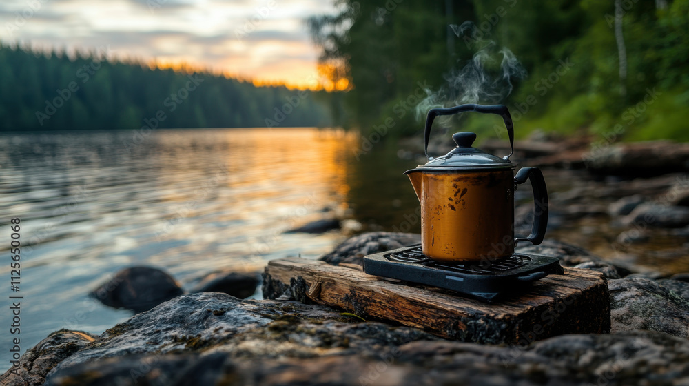 Shoreline and Camping, A steaming kettle sits on a rock by a tranquil river at sunset, surrounded by lush greenery and reflecting warm hues in the water. Shoreline and Camping, A steaming kettle sits on a rock by a tranquil river at sunset, surrounded by lush greenery and reflecting warm hues in the water.