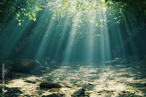 3D scene under water, creek, god ray, camera on the ground under water photo