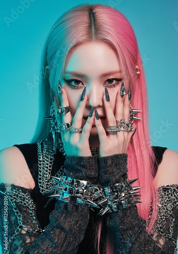  k - pop girl with pink hair  wearing a futuristic outfit and jewelry