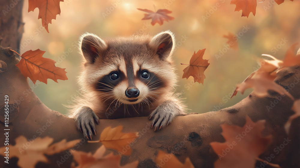 Cute baby raccoon in autumn forest, curious expression, colorful leaves Cute baby raccoon in autumn forest, curious expression, colorful leaves