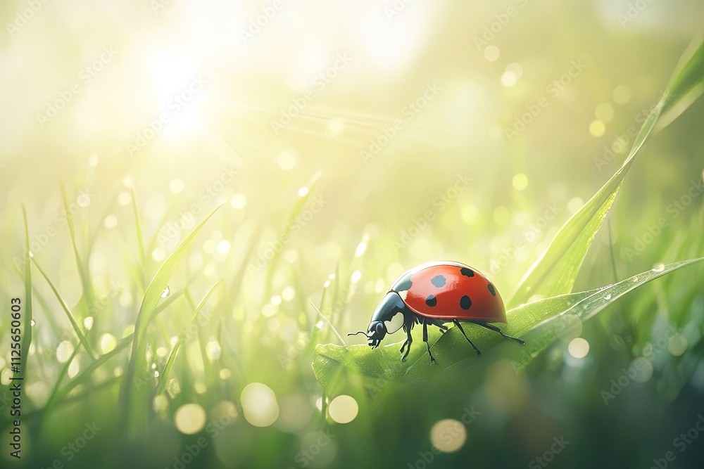 A ladybug crawling on a leaf, macro photography, macro lens, blurred background, sunny day, natural light, green grassland, commercial poster design, close-up lens, high resolution, professional photo A ladybug crawling on a leaf, macro photography, macro lens, blurred background, sunny day, natural light, green grassland, commercial poster design, close-up lens, high resolution, professional photo