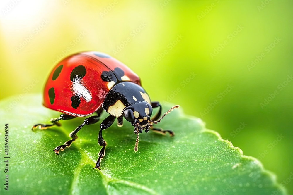 A ladybug crawling on a leaf, macro photography, macro lens, blurred background, sunny day, natural light, green grassland, commercial poster design, close-up lens, high resolution, professional photo A ladybug crawling on a leaf, macro photography, macro lens, blurred background, sunny day, natural light, green grassland, commercial poster design, close-up lens, high resolution, professional photo